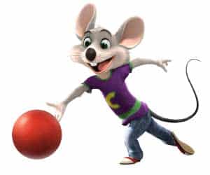 Chuck E. Cheese playing with a ball