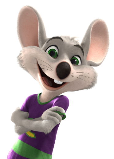 Chuck E. the Mouse smiling, in a Purple Shirt