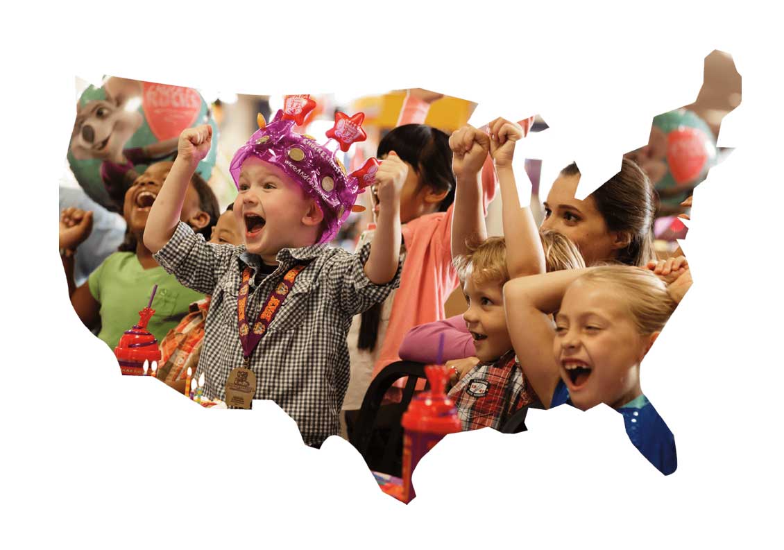 United States map with kids celebrating a party as the background.